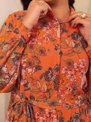 Plus Size Orange Georgette Floral A-Line Dress