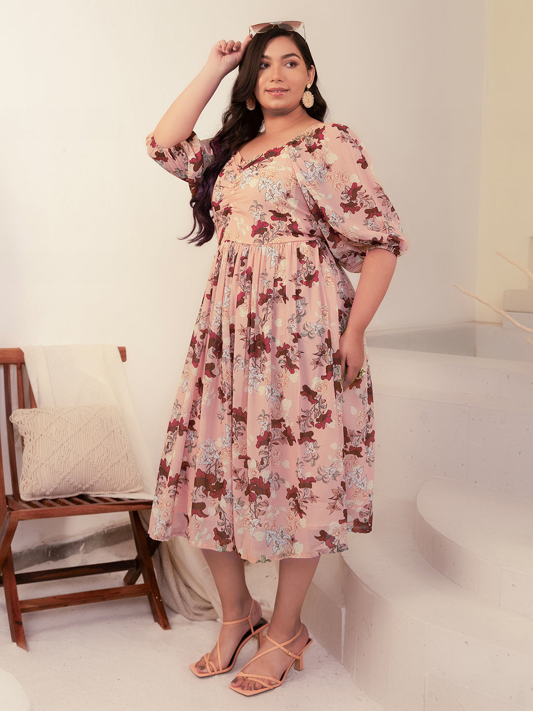 Peach Georgette Floral Fit & Flare Dress