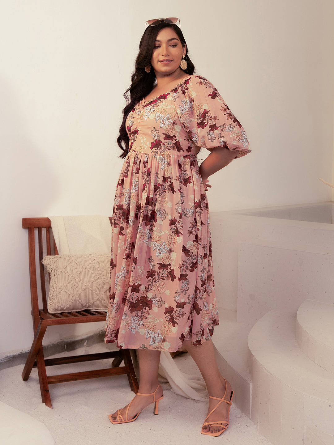 Plus Size Peach Georgette Floral Fit & Flare Dress