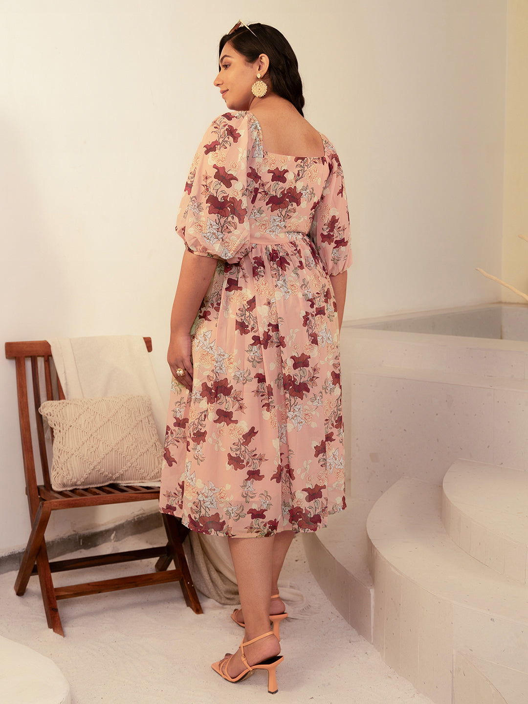 Peach Georgette Floral Fit & Flare Dress