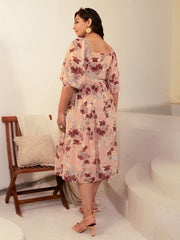 Plus Size Peach Georgette Floral Fit & Flare Dress