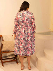 Plus Size Beige Georgette Floral Fit & Flare Dress