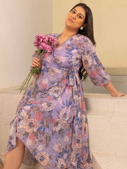 Plus Size Purple Georgette Floral Wrap Dress