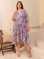 Plus Size Purple Georgette Floral Wrap Dress