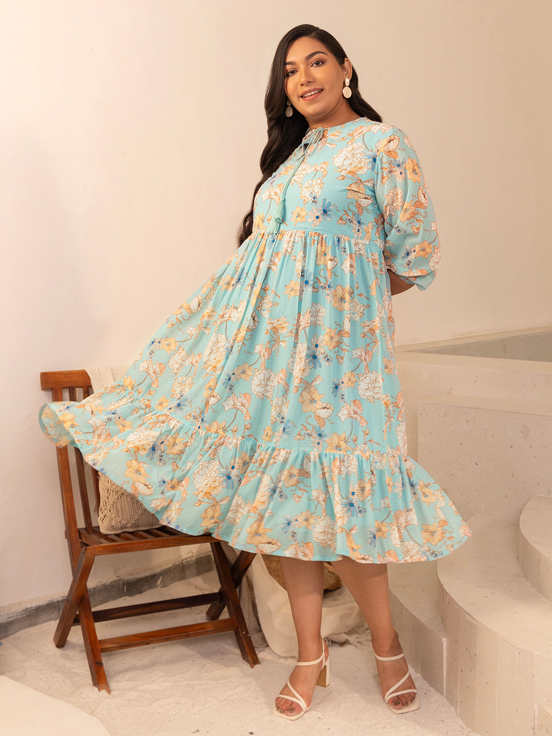 Plus Size Aqua Georgette Floral Fit & Flare Dress