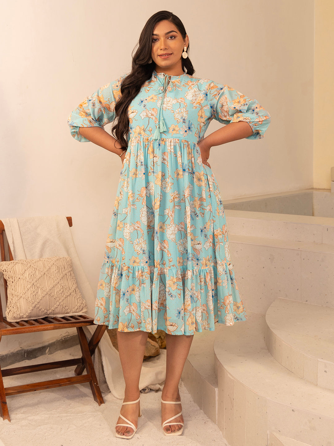 Plus Size Aqua Georgette Floral Fit & Flare Dress