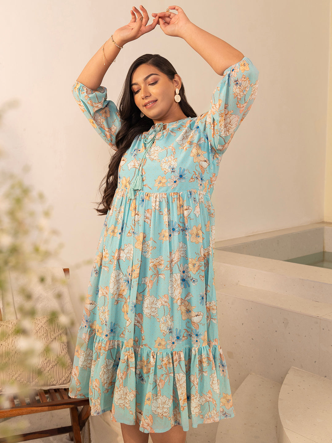 Plus Size Aqua Georgette Floral Fit & Flare Dress