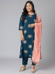 Plus Size Teal Poly Crepe Kurta With Pant and Dupatta