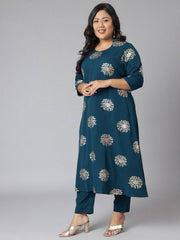 Plus Size Teal Poly Crepe Kurta With Pant and Dupatta