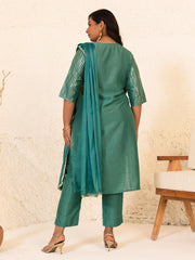 Plus Size Green Poly Silk Kurta With Pant and Dupatta