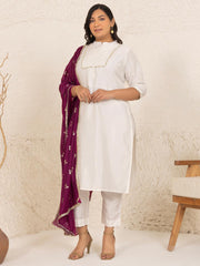Plus Size White Poly Silk Kurta With Pant and Dupatta