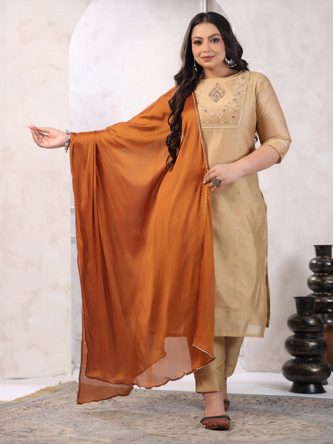 Plus Size Beige Silk Blend Yoke Embroidery Kurta with Pant and Dupatta