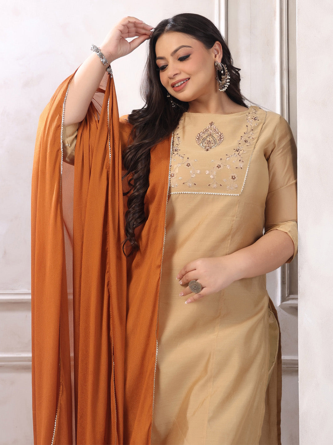 Plus Size Beige Silk Blend Yoke Embroidery Kurta with Pant and Dupatta