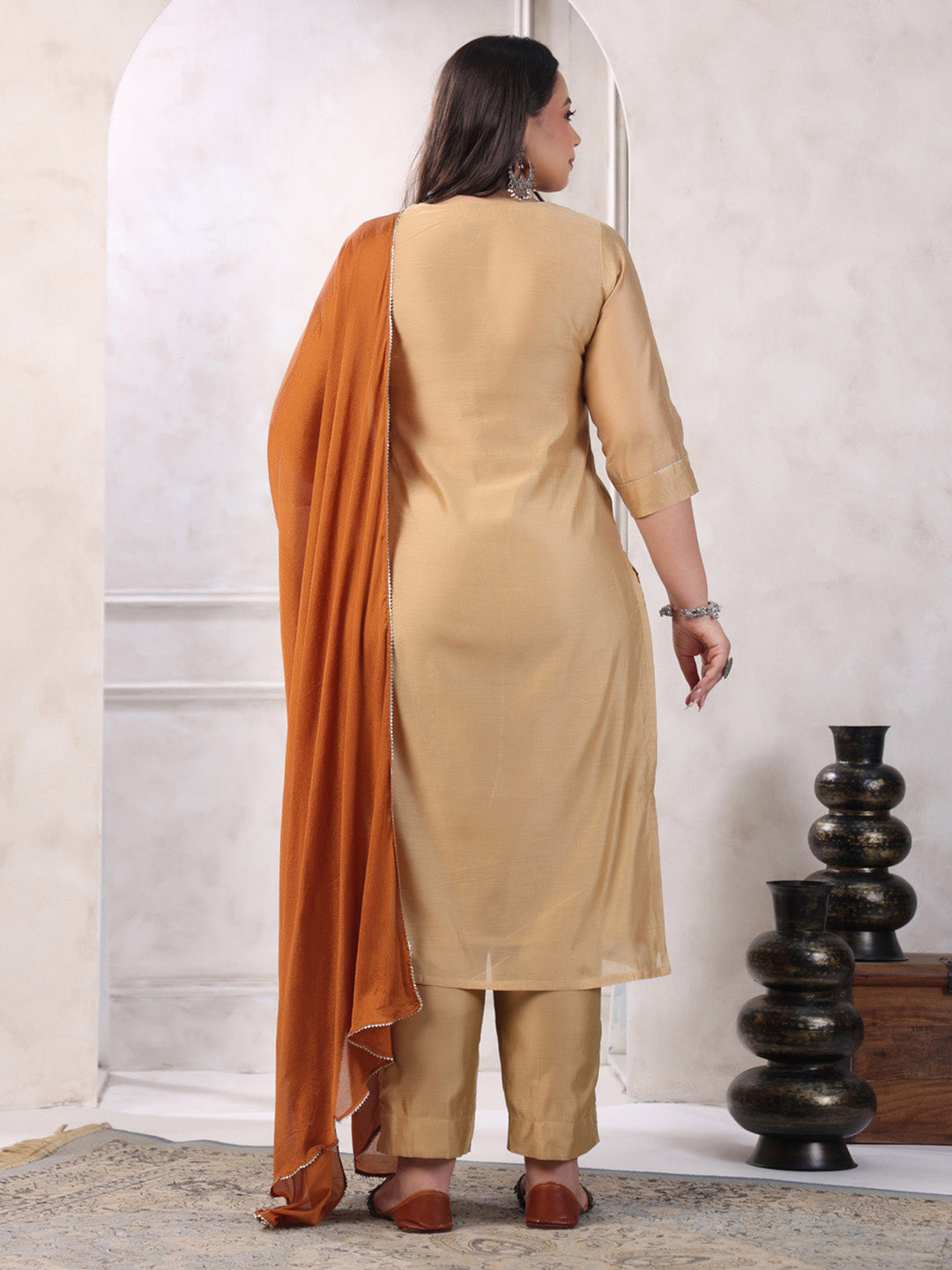 Plus Size Beige Silk Blend Yoke Embroidery Kurta with Pant and Dupatta