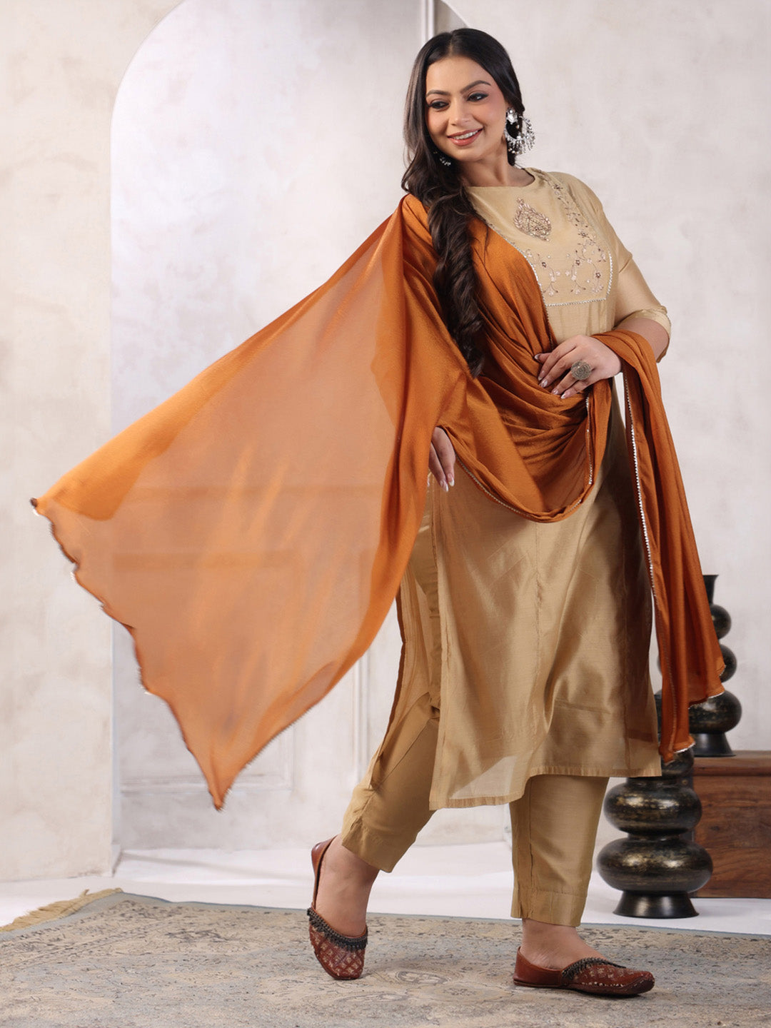 Plus Size Beige Silk Blend Yoke Embroidery Kurta with Pant and Dupatta