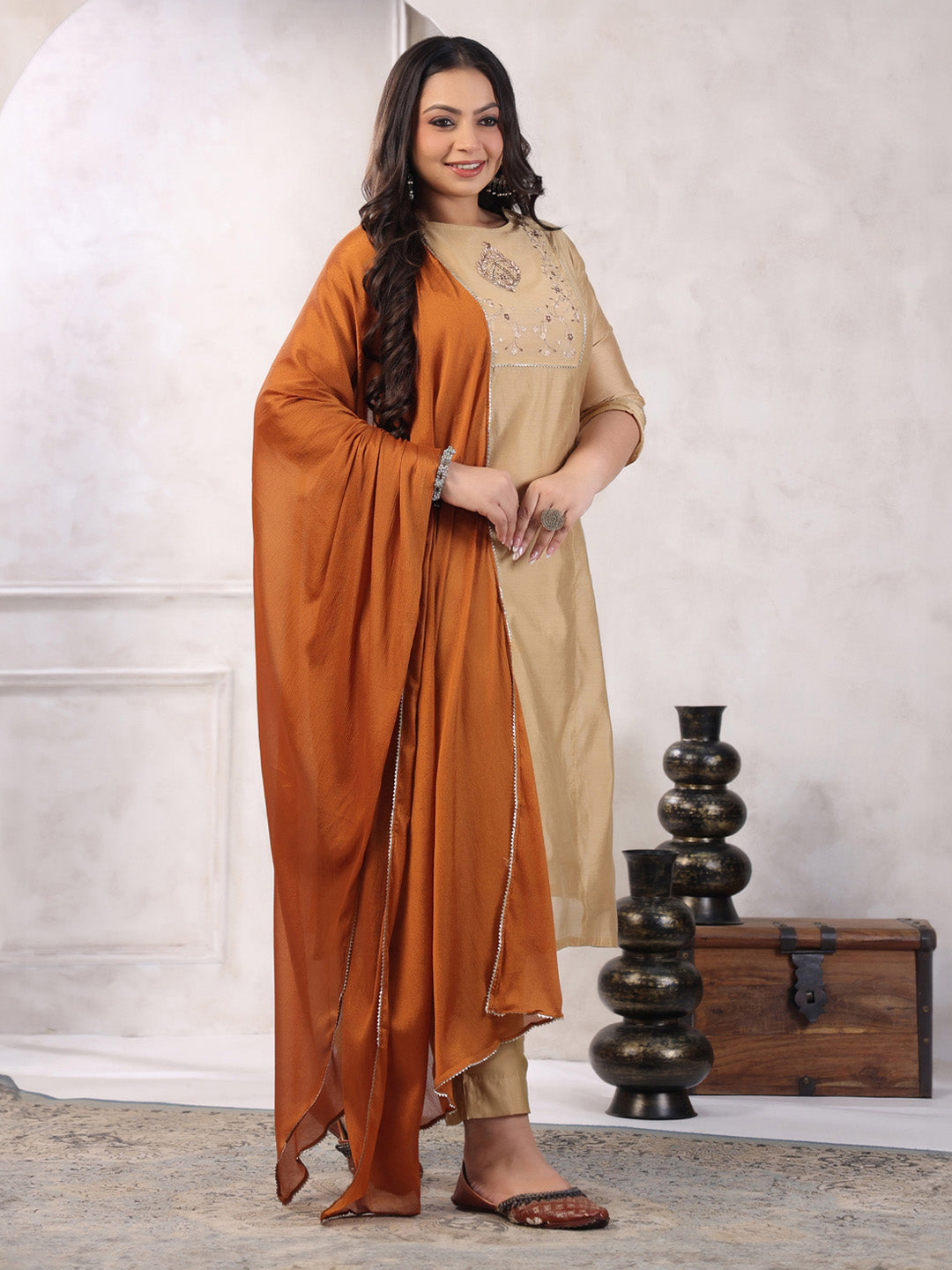 Plus Size Beige Silk Blend Yoke Embroidery Kurta with Pant and Dupatta