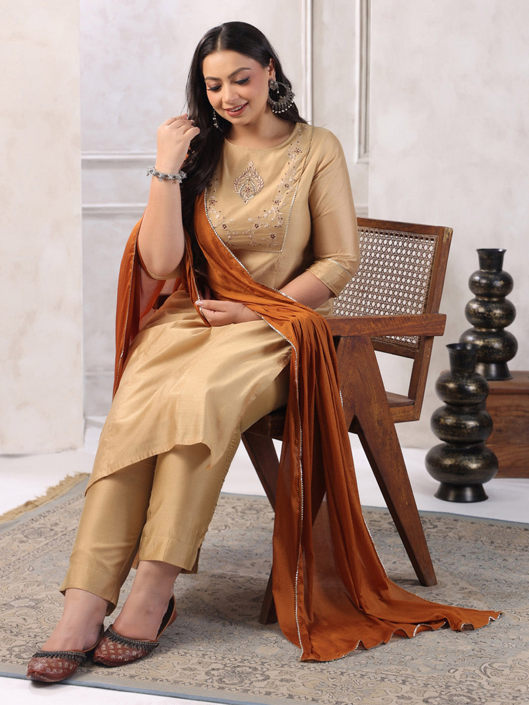 Plus Size Beige Silk Blend Yoke Embroidery Kurta with Pant and Dupatta