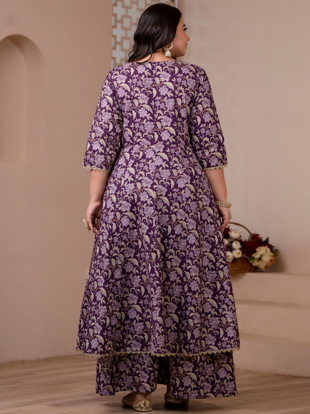 Voilet Cotton Floral Printed Kurta with Palazzo and Dupatta