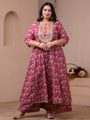Pink Cotton Foil Floral Printed Kurta with Palazzo and Dupatta