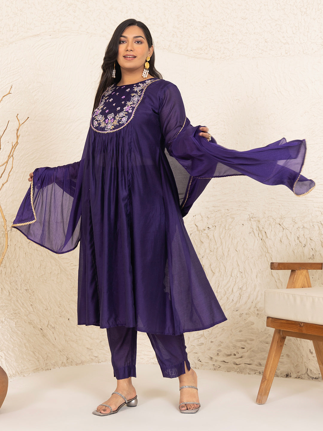 Purple Chanderi Yoke Embroidery A-Line Kurta Set