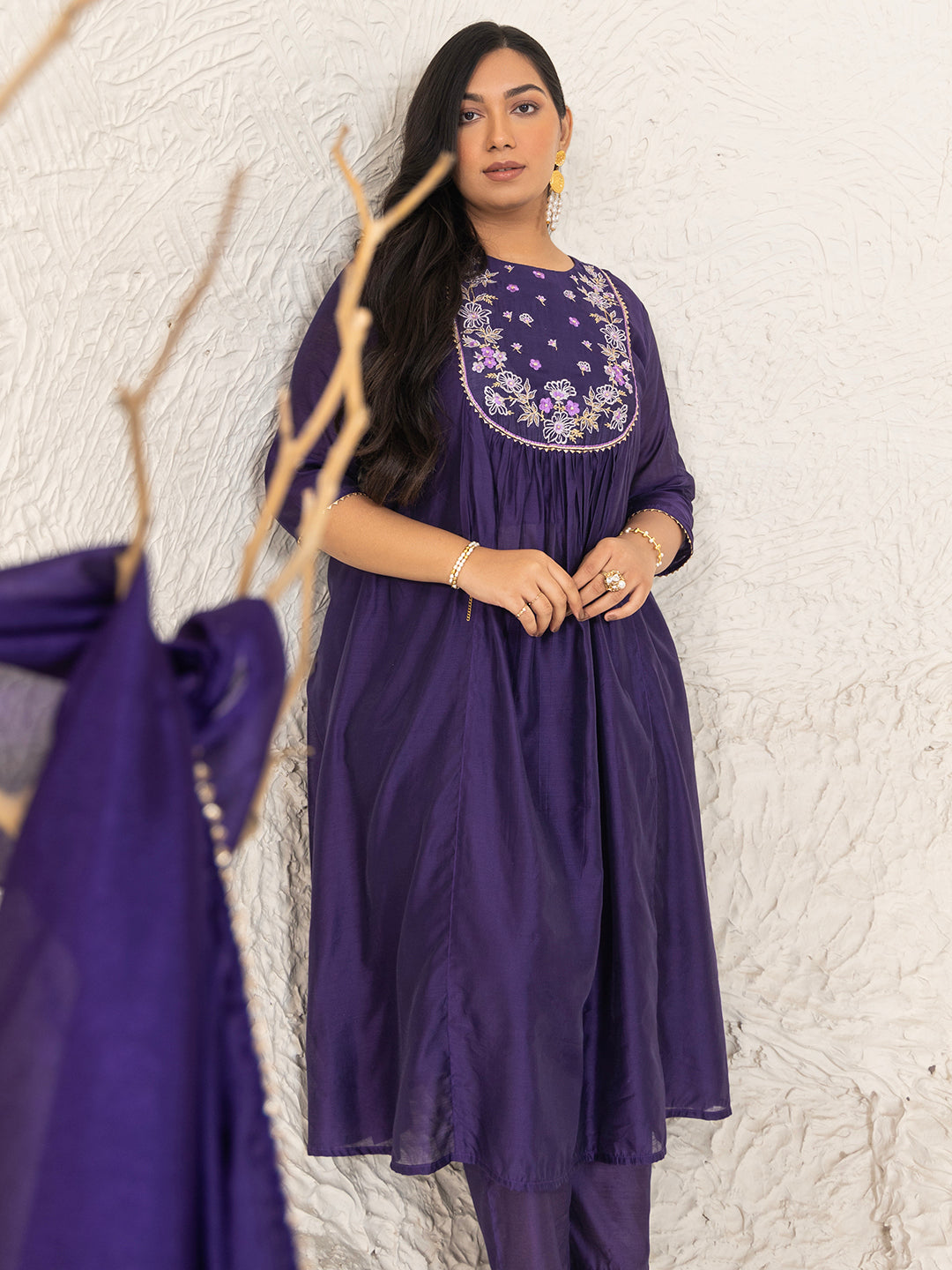 Purple Chanderi Yoke Embroidery A-Line Kurta Set