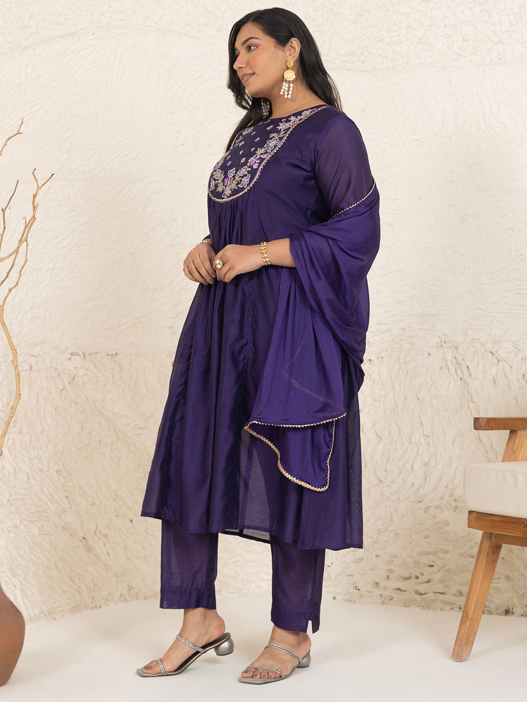 Purple Chanderi Yoke Embroidery A-Line Kurta Set