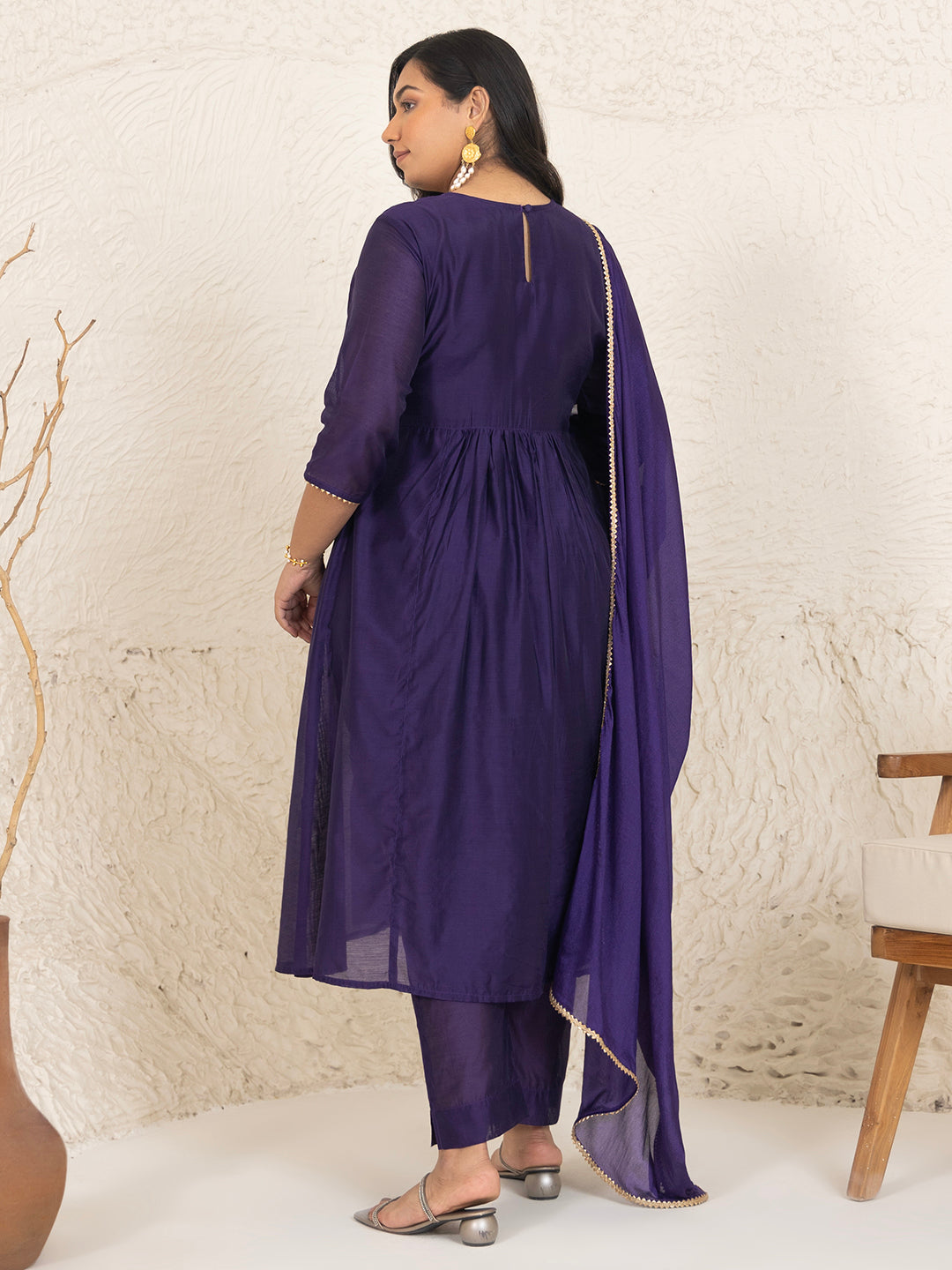 Purple Chanderi Yoke Embroidery A-Line Kurta Set