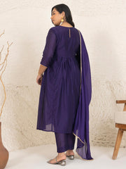 Plus Size Purple Chanderi Yoke Embroidery A-Line Kurta Set