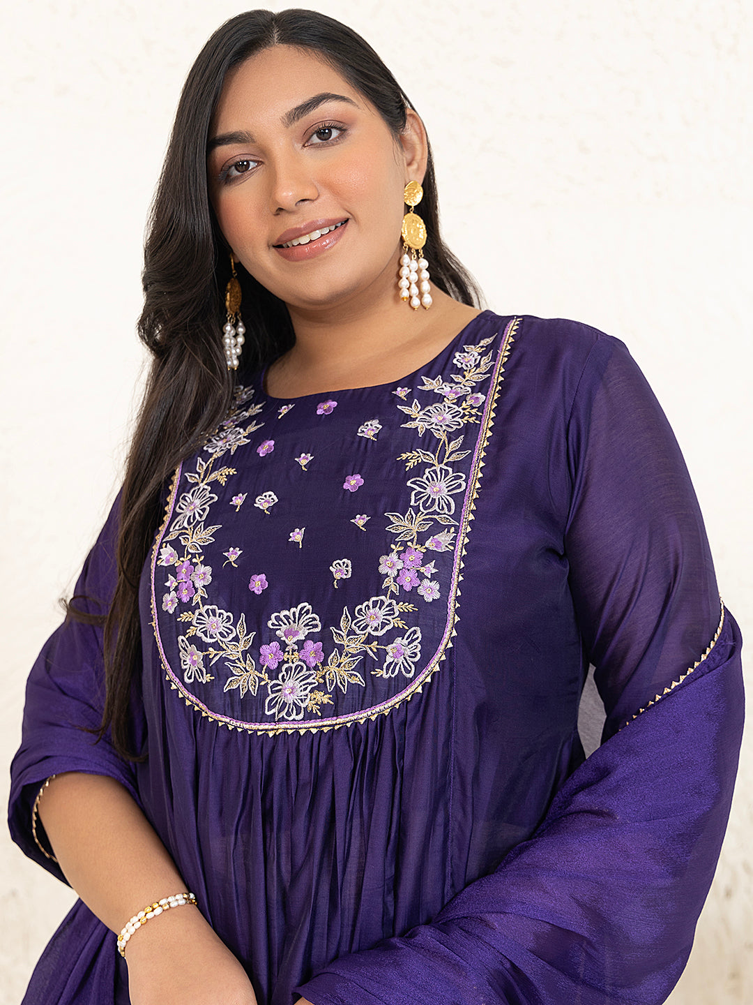 Purple Chanderi Yoke Embroidery A-Line Kurta Set