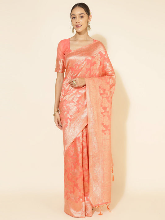 Peach Chanderi Silk Floral Saree with Unstitched Blouse Piece Janasya
