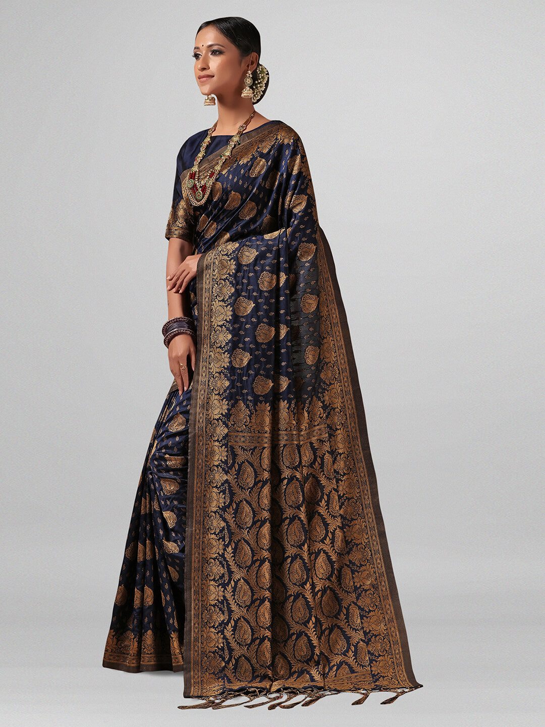 Janasya Women's Blue Silk Blend Woven Design  Saree with Blouse Piece