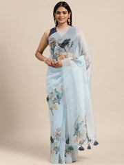 Janasya Women's Blue Organza Printed  Saree with Blouse Piece