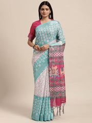 Janasya Women's Green Linen Blend Printed  Saree with Blouse Piece