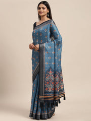 Janasya Women's Blue Linen Blend Printed  Saree with Blouse Piece