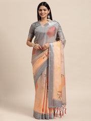 Janasya Women's Orange Linen Blend Printed  Saree with Blouse Piece