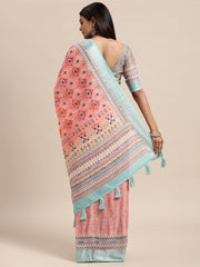 Janasya Women's Peach Linen Blend Printed  Saree with Blouse Piece