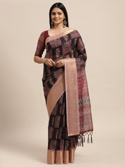 Janasya Women's Black Chanderi Silk Printed  Saree with Blouse Piece