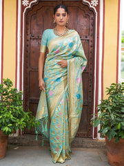 Sea Green Banarasi Silk Woven Floral Design Saree with Unstitched Blouse Piece
