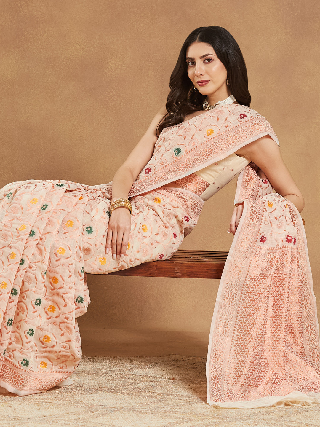 Janasya Women's Light Peach Linen Blend Patola Woven Design Jacquard Saree with Blouse Piece
