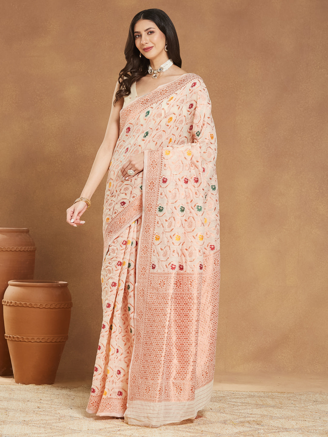 Janasya Women's Light Peach Linen Blend Patola Woven Design Jacquard Saree with Blouse Piece