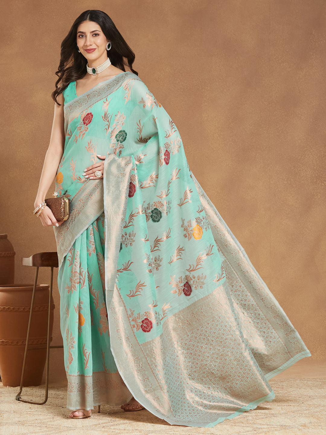 Janasya Women's Sea Blue Linen Blend Floral Woven Design Jacquard Saree with Blouse Piece