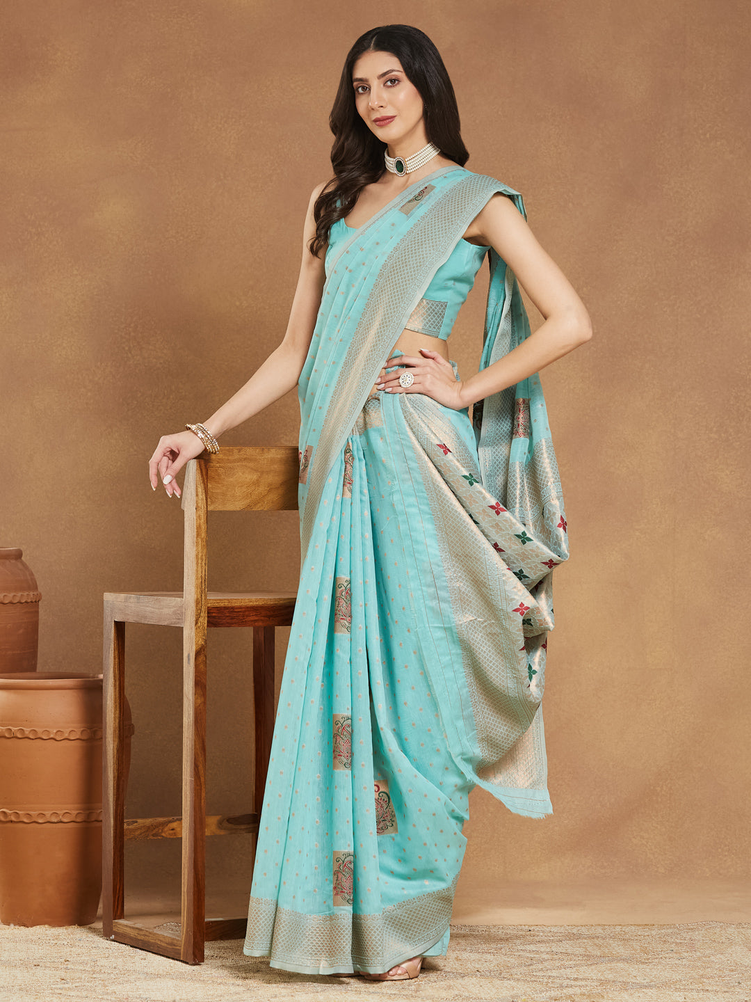 Janasya Women's Sea Green Linen Blend Ethnic Motifs Woven Design Jacquard Saree with Blouse Piece