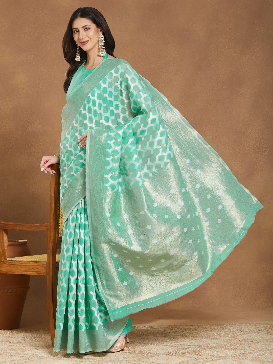 Janasya Women's Sea Green Linen Blend Geometric Woven Design Jacquard Saree with Blouse Piece