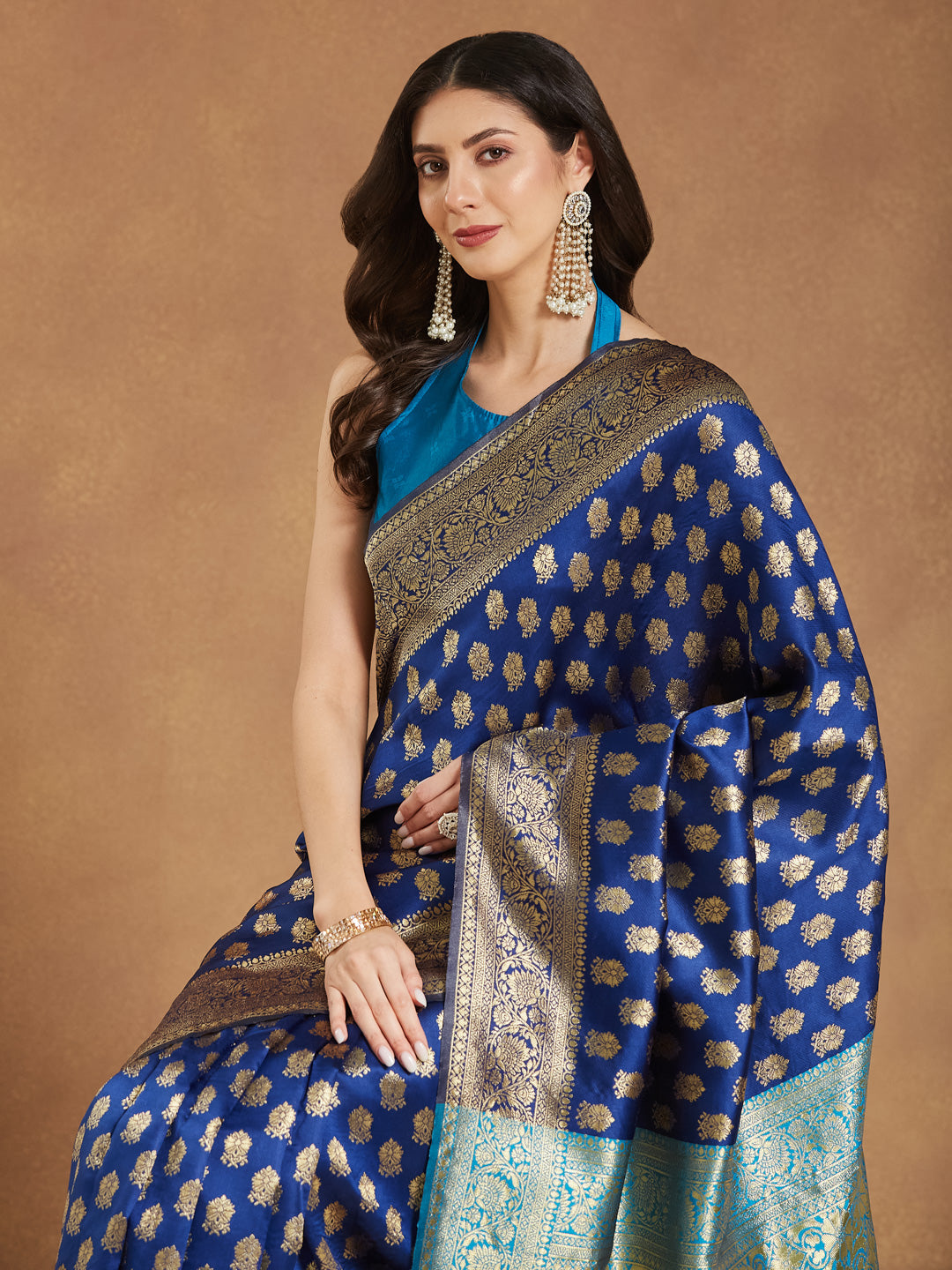 Janasya Women's Blue Silk Blend Ethnic Motifs Woven Design Banarasi Jacquard Saree with Blouse Piece