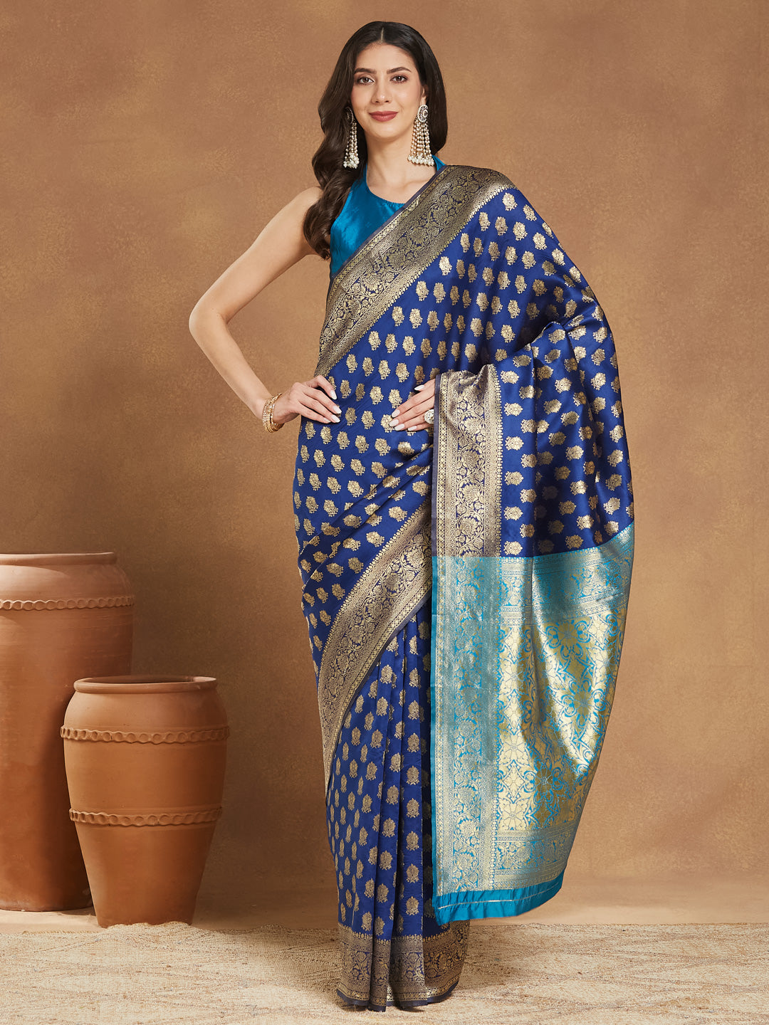 Janasya Women's Blue Silk Blend Ethnic Motifs Woven Design Banarasi Jacquard Saree with Blouse Piece