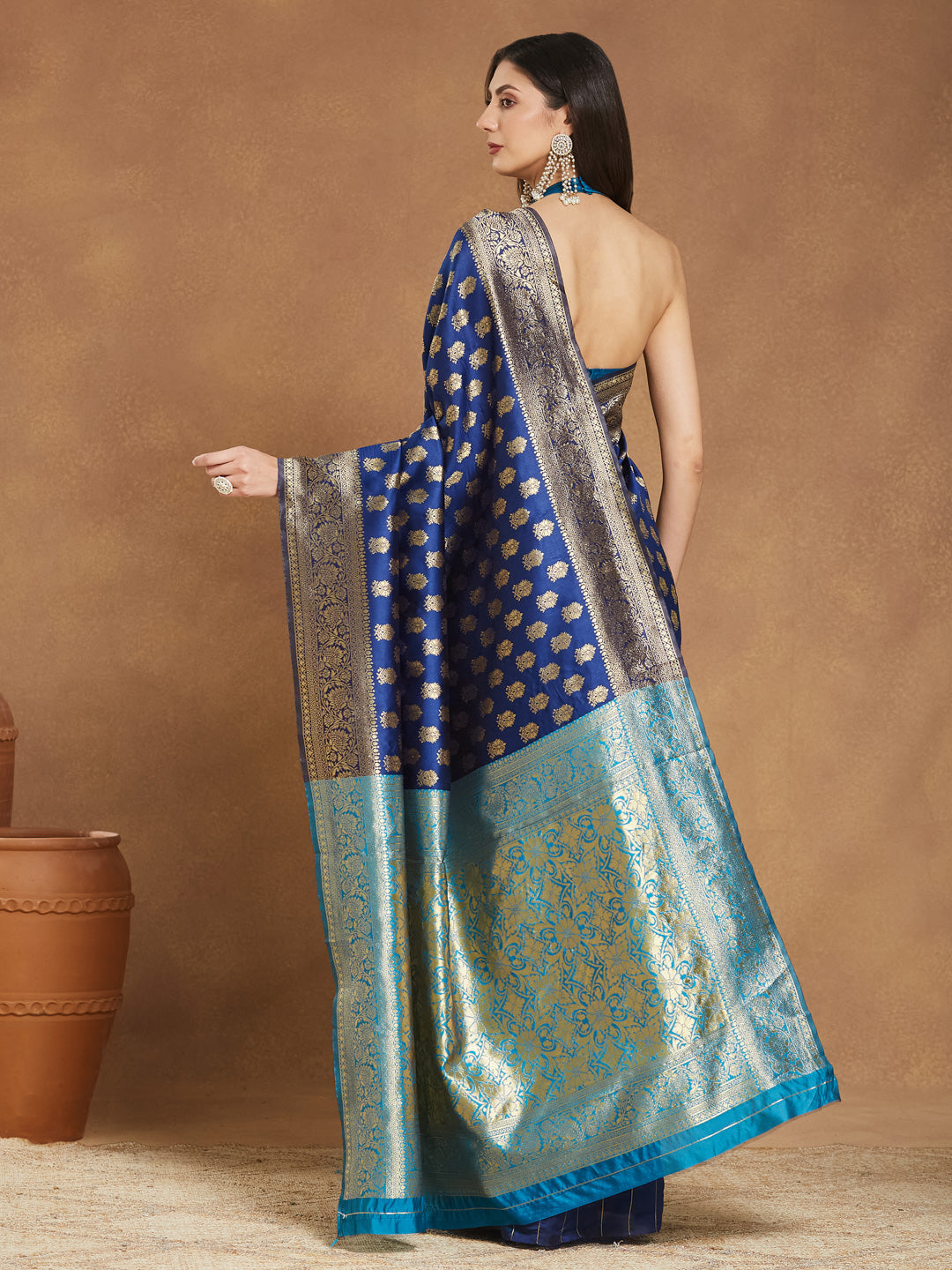 Janasya Women's Blue Silk Blend Ethnic Motifs Woven Design Banarasi Jacquard Saree with Blouse Piece