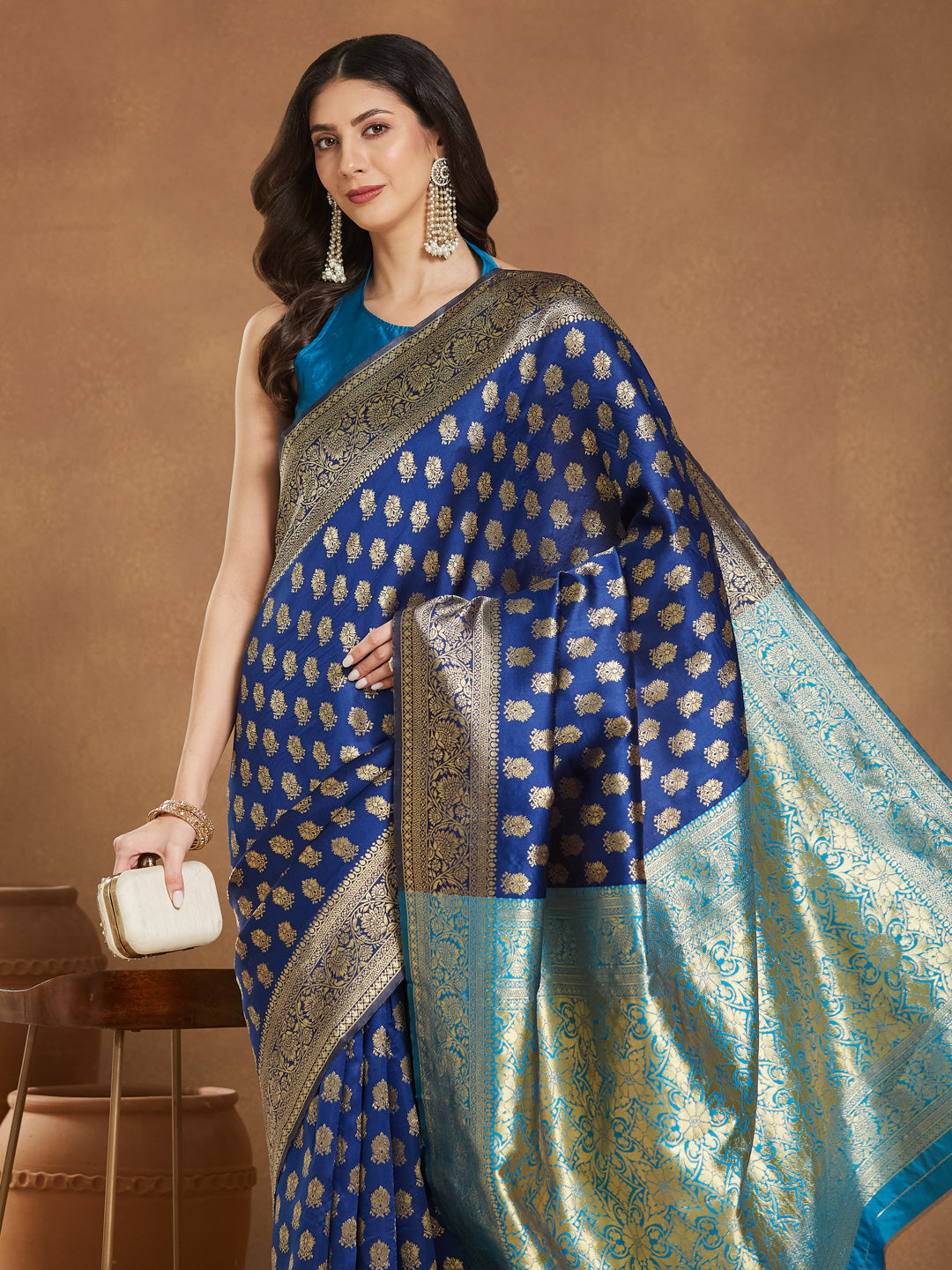 Janasya Women's Blue Silk Blend Ethnic Motifs Woven Design Banarasi Jacquard Saree with Blouse Piece