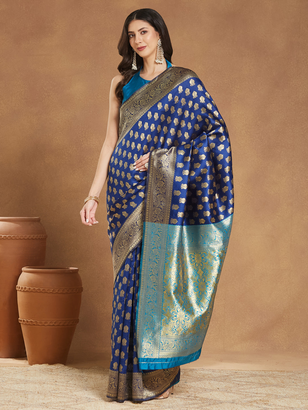 Janasya Women's Blue Silk Blend Ethnic Motifs Woven Design Banarasi Jacquard Saree with Blouse Piece
