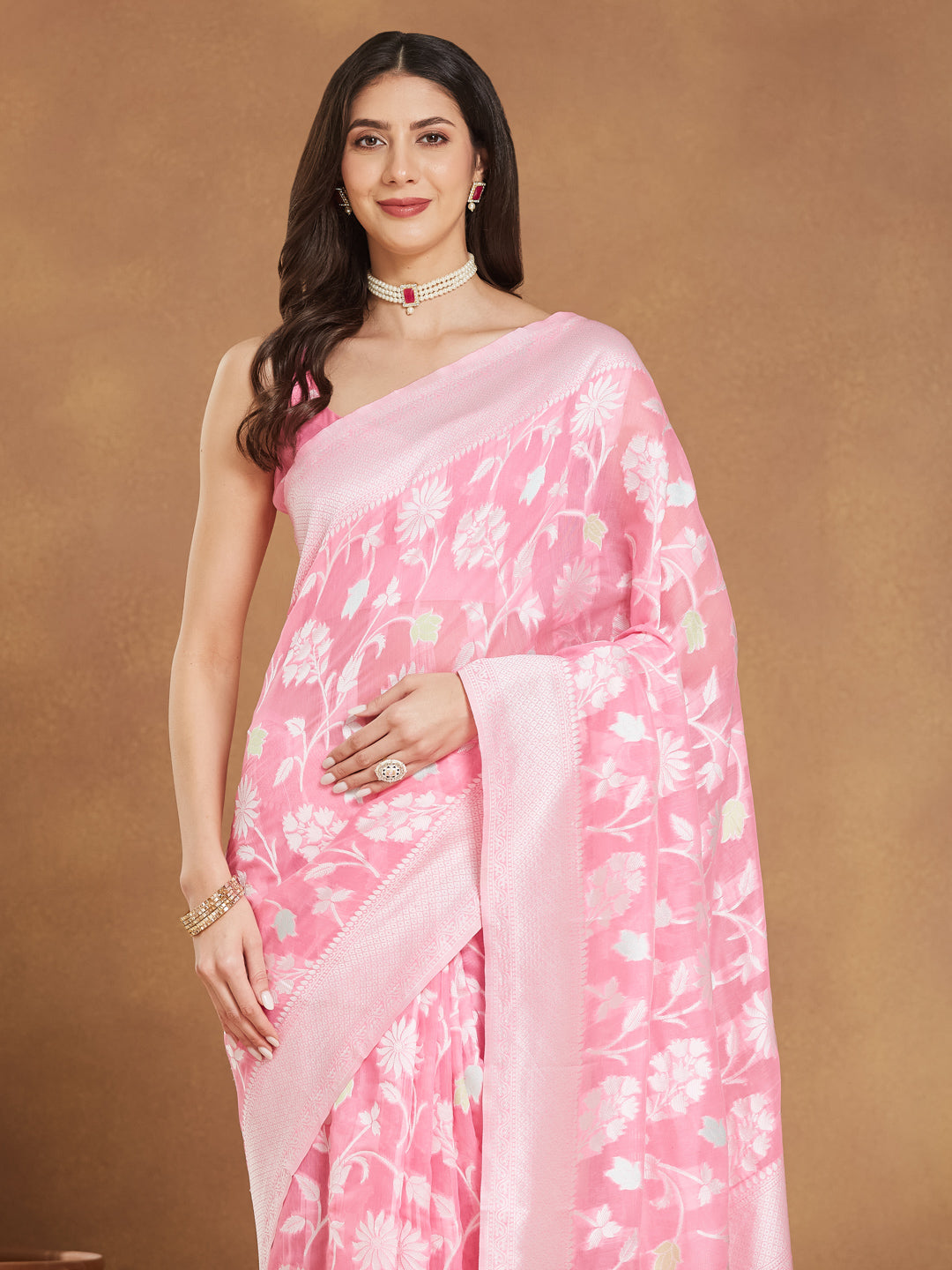 Janasya Women's Light Pink Silk Blend Floral Woven Design Jacquard Saree with Blouse Piece