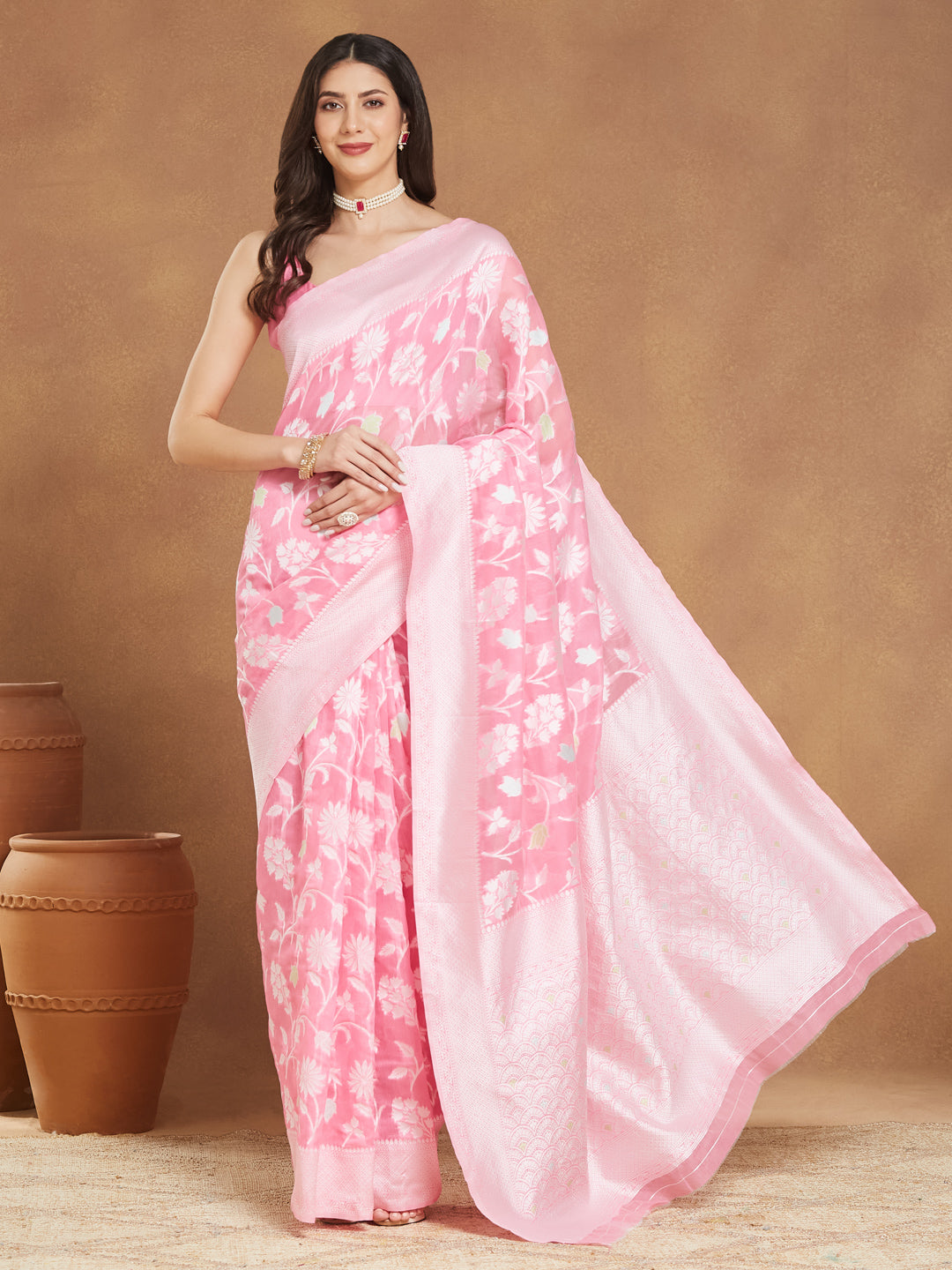 Janasya Women's Light Pink Silk Blend Floral Woven Design Jacquard Saree with Blouse Piece